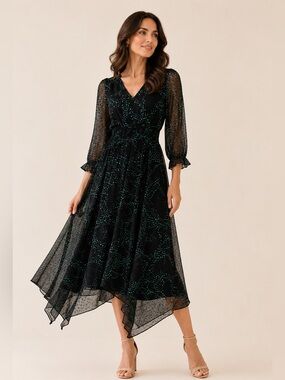 Maison Tara Black Green Polka Dot Chiffon Midi Dress Size 6 Handkerchief Hem